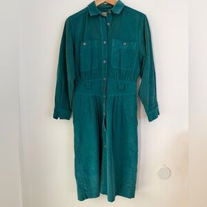 LL Bean Dress Vtg Corduroy Button Up Long Sleeve Green Womens 8 no belt